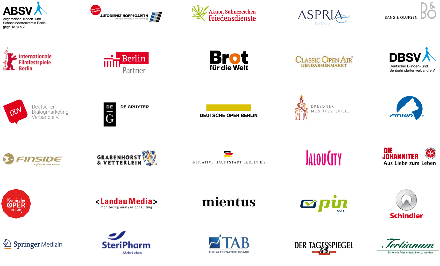 Kundenlogos, u. a. ABSV, Berlinale, Deutsche Oper Berlin, DDV, Johanniter, pin mail, Der Tagesspiegel, Schindler und Springer Medizin